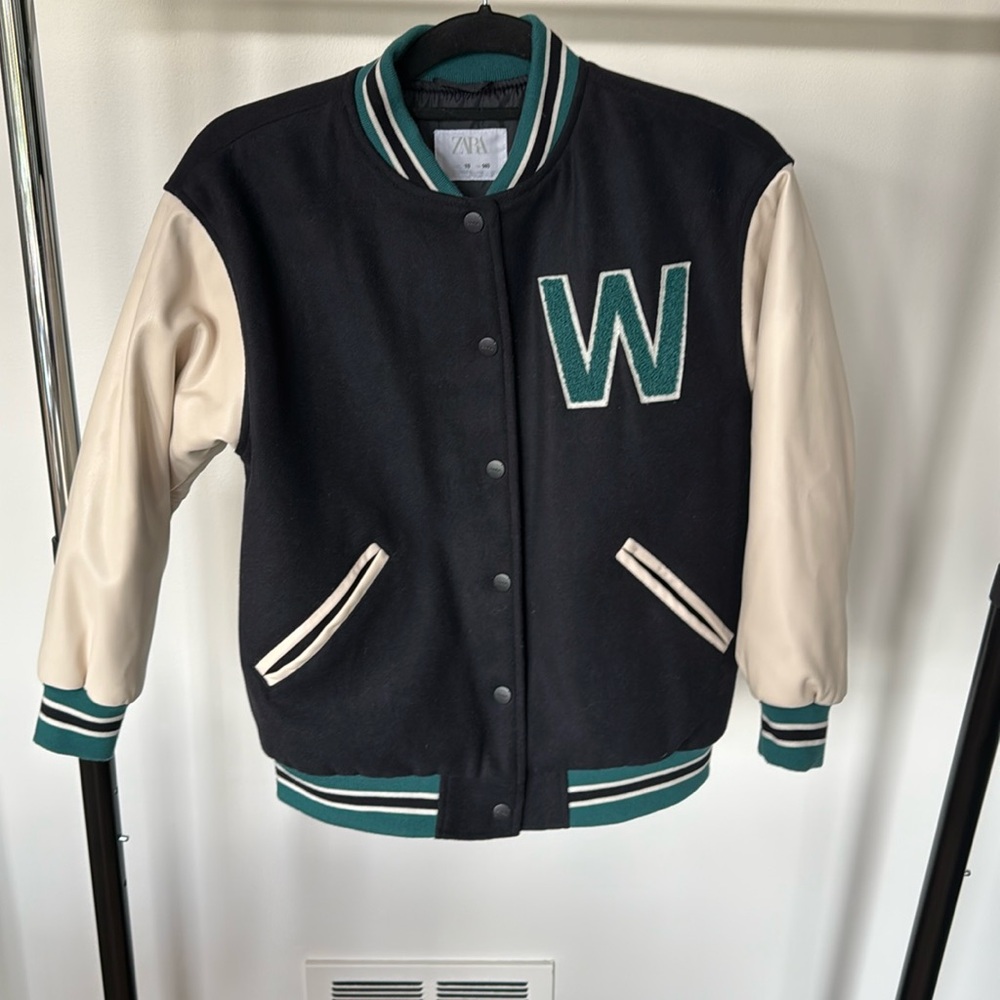 Zara kids navy ecru green bomber varsity letter jacket size 10